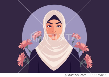 Serene muslim woman on a background with flowers. Womens Day banner. Illustration. Serene muslim woman on a background with flowers. Womens Day banner. Illustration. 136675853