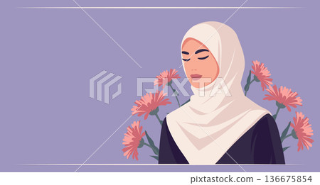Serene muslim woman on a background with flowers. Womens Day banner. 136675854