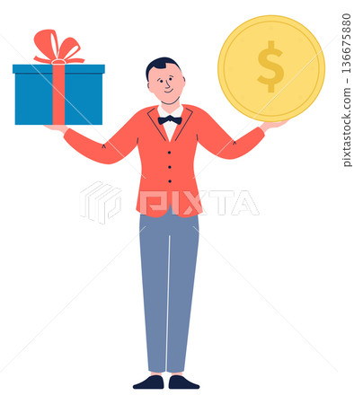 Prize concept. Man hold gift box and money Prize concept. Man hold gift box and money 136675880