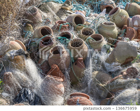 Tangled History: Discarded Fishing Nets and Jars Tangled History: Discarded Fishing Nets and Jars 136675959