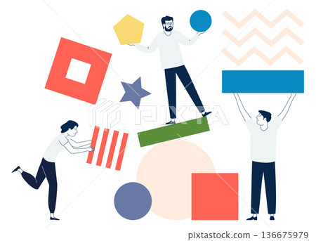 Teamwork concept. People collect geometric shapes together Teamwork concept. People collect geometric shapes together 136675979