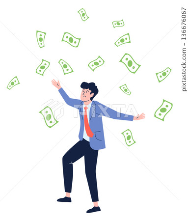 Happy man under falling money. Dollar bill rain Happy man under falling money. Dollar bill rain 136676067