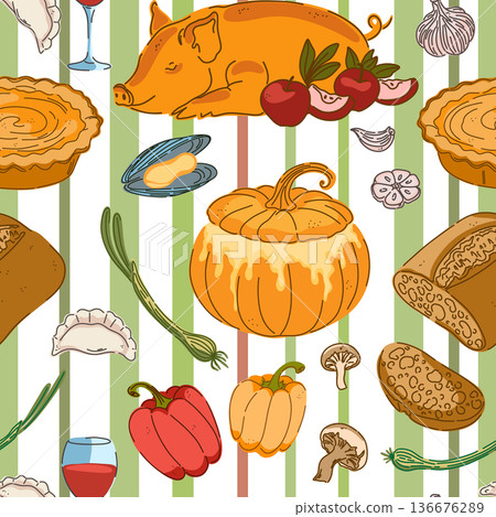 Seamless pattern, swatch, and background. Various vintage hand-drawn food illustrations. Cozy Mediterranean cartoon style. On a striped background. 136676289