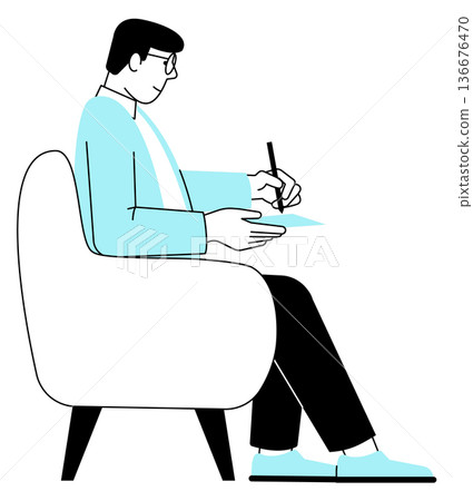 Smart man in glasses write something. Sitting person side view 136676470