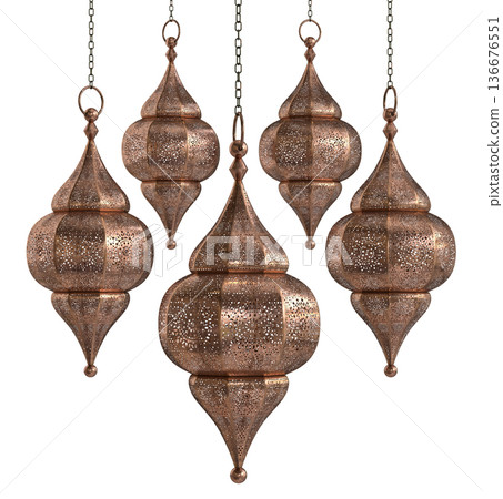 Decorative copper, brass and silver arabic lanterns isolated on white background Decorative copper, brass and silver arabic lanterns isolated on white background 136676551
