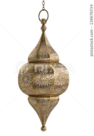 Decorative copper, brass and silver arabic lanterns isolated on white background 136676554