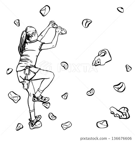 Teenage girl practicing bouldering on indoor climbing wall. Black and white vector illustration. Sport composition with holds and athlete silhouette. isolated background for fitness, active lifestyle 136676606