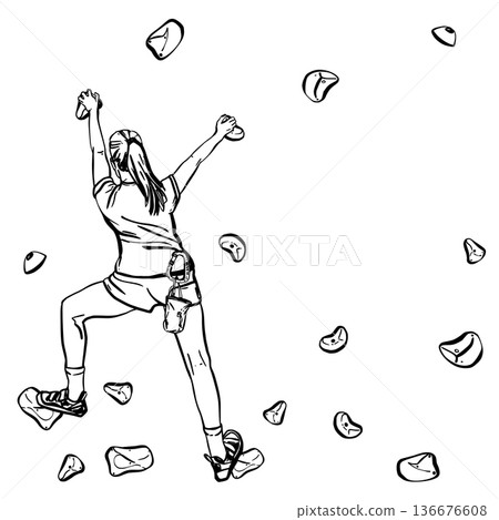 Teenager girl climbing on indoor bouldering rock wall with belt Chalk bag. Hand drawing vector black line art illustration for extreme sport, fitness challenge card, poster Isolated from background Teenager girl climbing on indoor bouldering rock wall with belt Chalk bag. Hand drawing vector black line art illustration for extreme sport, fitness challenge card, poster Isolated from background 136676608