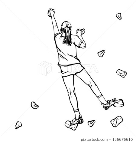 Teenage girl practicing bouldering on indoor climbing wall. Black and white vector illustration. Sports activity with holds and athlete silhouette. isolated background for fitness card, banner print. Teenage girl practicing bouldering on indoor climbing wall. Black and white vector illustration. Sports activity with holds and athlete silhouette. isolated background for fitness card, banner print. 136676610