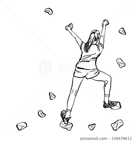 Teenager girl climbing on indoor bouldering rock wall. Hand drawn black and white vector black line art drawing illustration for extreme adventure activity sport, fitness. Isolated from background Teenager girl climbing on indoor bouldering rock wall. Hand drawn black and white vector black line art drawing illustration for extreme adventure activity sport, fitness. Isolated from background 136676612