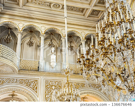 The luxurious interiors of the Pavilion Hall at the Hermitage Museum in St. Petersburg, Russia. The luxurious interiors of the Pavilion Hall at the Hermitage Museum in St. Petersburg, Russia. 136676646