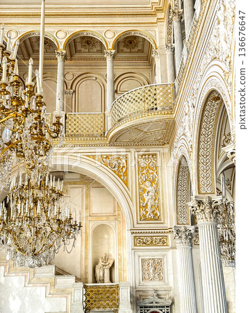 The luxurious interiors of the Pavilion Hall at the Hermitage Museum in St. Petersburg, Russia. The luxurious interiors of the Pavilion Hall at the Hermitage Museum in St. Petersburg, Russia. 136676647