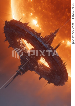 Futuristic Space Station Orbiting Fiery Star 136676936
