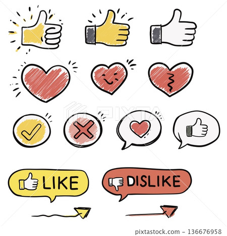 Hand Drawn Like Dislike and Heart Icons Set 136676958