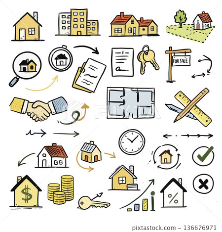 Hand Drawn Real Estate Icons and Property Process Set Hand Drawn Real Estate Icons and Property Process Set 136676971