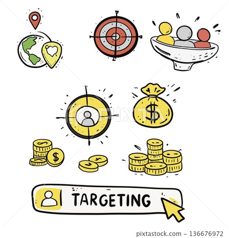 Hand Drawn Targeting and Marketing Icons Set 136676972