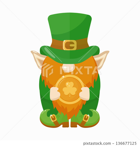 Cartoon leprechaun gnome with an orange beard and green hat holding a gold coin with a clover. For St. Patrick's Day celebration design. A design element for a traditional Irish holiday Cartoon leprechaun gnome with an orange beard and green hat holding a gold coin with a clover. For St. Patrick's Day celebration design. A design element for a traditional Irish holiday 136677125