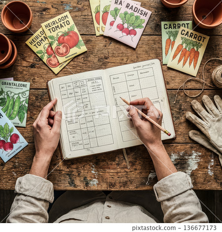 Top-down view of a person meticulously planning their garden layout in a journal. The scene includes heirloom seed packets, pots, and gloves.. High quality photo 136677173