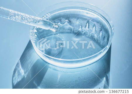 Pipette dropping clear liquid into petri dish with subtle blue light and shadows Pipette dropping clear liquid into petri dish with subtle blue light and shadows 136677215