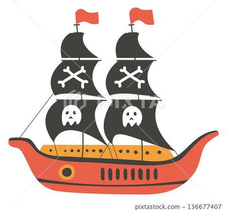 Pirate sailboat. Cute ship drawing color icon Pirate sailboat. Cute ship drawing color icon 136677407