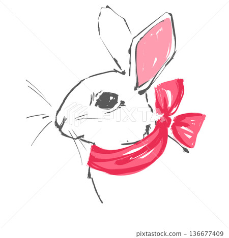 Hand drawn watercolor illustration of cute white rabbit character with red bow around neck. Minimalist animal sketch for Easter Hand drawn watercolor illustration of cute white rabbit character with red bow around neck. Minimalist animal sketch for Easter 136677409