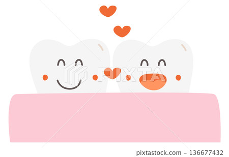 Lovely teeth together. Happy tooth mascot with hearts 136677432