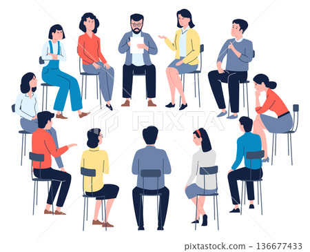 Therapy group concept. People siting in circle and talking Therapy group concept. People siting in circle and talking 136677433
