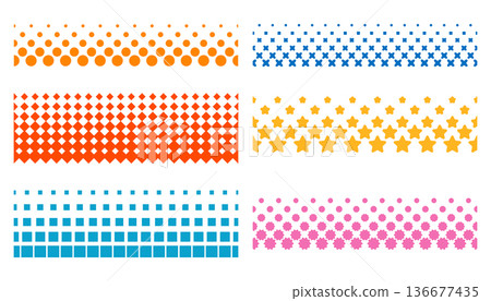 Collection of six horizontal halftone border seamless patterns featuring geometric shapes. These vibrant dividers in orange, blue, red, yellow, and pink use dots, stars, and squares. Collection of six horizontal halftone border seamless patterns featuring geometric shapes. These vibrant dividers in orange, blue, red, yellow, and pink use dots, stars, and squares. 136677435