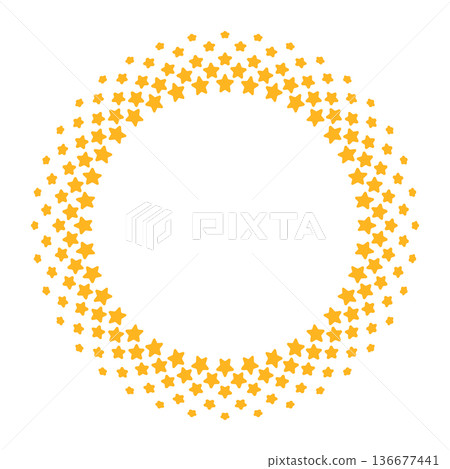 Abstract yellow round star halftone frame. Circular gradient border design. This golden-colored pattern features five-pointed stars of varying sizes, ideal for festive decorations, awards. Abstract yellow round star halftone frame. Circular gradient border design. This golden-colored pattern features five-pointed stars of varying sizes, ideal for festive decorations, awards. 136677441