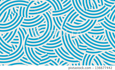 Seamless abstract geometric pattern featuring blue overlapping circular lines and waves. Creative striped messy background. Modern minimalist texture suitable for Japanese-style designs, fabric. Seamless abstract geometric pattern featuring blue overlapping circular lines and waves. Creative striped messy background. Modern minimalist texture suitable for Japanese-style designs, fabric. 136677442