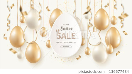 Easter sale banner design with decorative golden eggs and streamers on a light beige background. 136677484