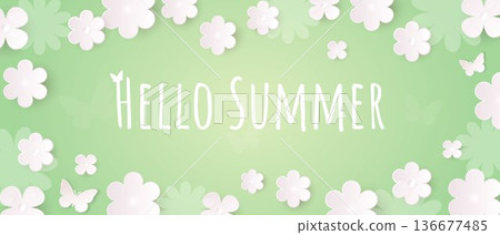 A summery, delicate floral background with text. A banner with white paper flowers on a green background. 136677485