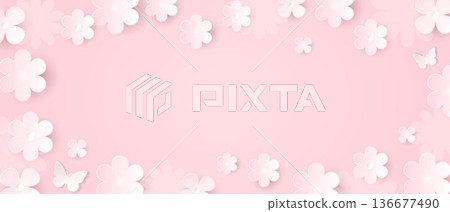 Floral background for spring and summer designs. A banner with white flowers on a pink background. Floral background for spring and summer designs. A banner with white flowers on a pink background. 136677490