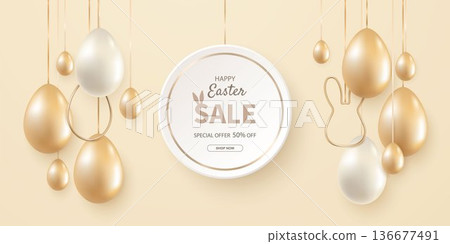 Easter sale banner design with up to 50 discount with realistic gold and white eggs on beige background. Easter sale banner design with up to 50 discount with realistic gold and white eggs on beige background. 136677491