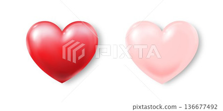 A set of two red and pink hearts with highlights and shadows on a white background. A set of two red and pink hearts with highlights and shadows on a white background. 136677492