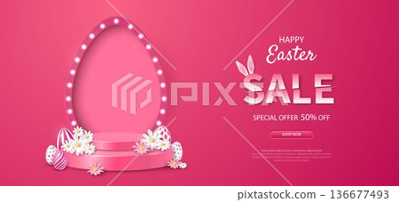 Easter holiday banner design with decorative eggs, podium and egg-shaped frame and flowers on a scarlet background. Easter holiday banner design with decorative eggs, podium and egg-shaped frame and flowers on a scarlet background. 136677493