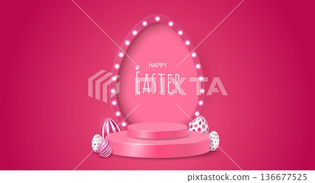 Easter postcard with a stage, podium, egg-shaped arch and lighting, decorative eggs and an inscription on a scarlet background. 136677525