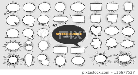 A set of speech bubbles of various shapes for comics with a shadow of semitones on a gray background. 136677527