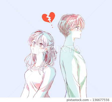 男女背靠背站立,上半身,心碎 男女背靠背站立,上半身,心碎 136677556