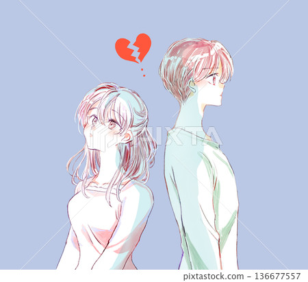 Man and woman standing back to back, upper body, broken heart 136677557