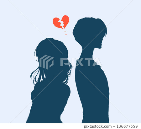 Man and woman standing back to back, upper body, broken heart, silhouette Man and woman standing back to back, upper body, broken heart, silhouette 136677559