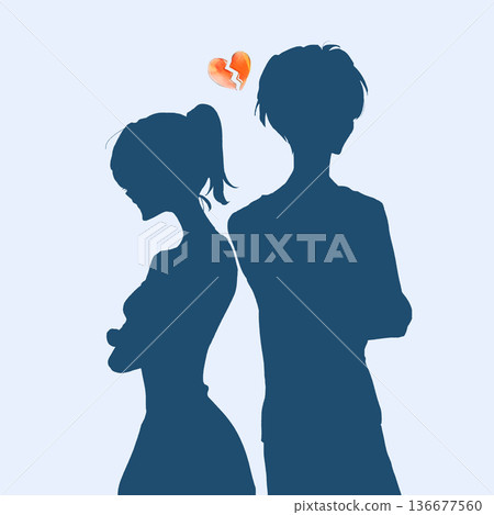 Man and woman standing back to back with arms crossed, broken heart silhouette Man and woman standing back to back with arms crossed, broken heart silhouette 136677560