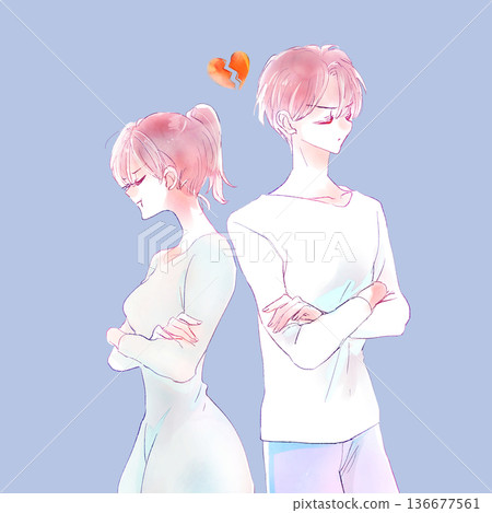 Angry man and woman standing back to back, broken hearts 136677561