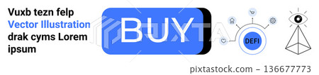 Financial services, blockchain solutions, digital currency, fintech operations, online transactions, secure payments. Blue buy button alongside decentralized finance icons. Blockchain and fintech 136677773