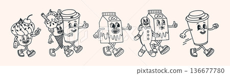 Cartoon groovy food characters in retro line style. Coffee cups, milk box and desserts with happy faces in bold outlines on light background. Retro food characters vector line illustration Cartoon groovy food characters in retro line style. Coffee cups, milk box and desserts with happy faces in bold outlines on light background. Retro food characters vector line illustration 136677780