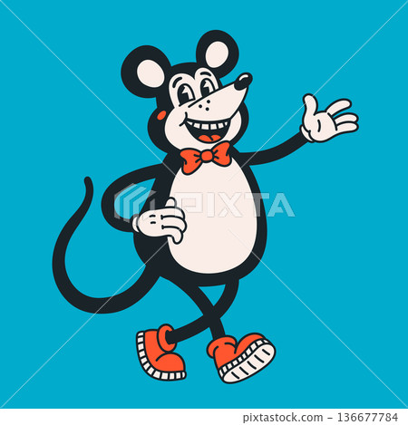 Retro cartoon mouse character in groovy vintage illustration style with bold outlines and bright blue background. Retro mouse character in groovy vector style for tickers, posters, apparel. 136677784