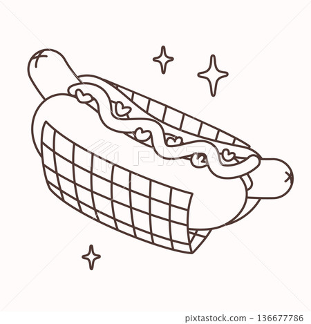 Cartoon hot dog in retro line style with sausage, bun and simple details on a light background. Cartoon hot dog line illustration with vintage look. Great for stickers, posters, prints, menus Cartoon hot dog in retro line style with sausage, bun and simple details on a light background. Cartoon hot dog line illustration with vintage look. Great for stickers, posters, prints, menus 136677786