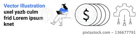 Business management, digital transformation, currency, teamwork, workflow, productivity. Woman working on a laptop, dollar symbols gear icon with connected people. Business management and digital Business management, digital transformation, currency, teamwork, workflow, productivity. Woman working on a laptop, dollar symbols gear icon with connected people. Business management and digital 136677791