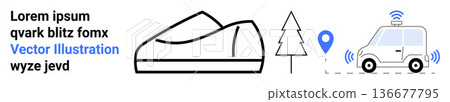 Future transportation, smart cities, environmental design, GPS navigation, technology innovation, wireless communication. Modern line art a car, tree and location pin. Smart cities and future 136677795