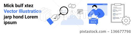 Data analytics, cloud storage, cashback systems, business tools, financial technology, process optimization. Magnifying glass, cloud person checklist gear. Cloud analytics and cashback system Data analytics, cloud storage, cashback systems, business tools, financial technology, process optimization. Magnifying glass, cloud person checklist gear. Cloud analytics and cashback system 136677798